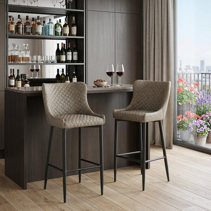 Set of Two 30" Gray And Black Faux Leather And Metal Low Back Bar Height Bar Chairs HomeRoots