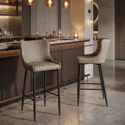 Set of Two 30" Gray And Black Faux Leather And Metal Low Back Bar Height Bar Chairs HomeRoots