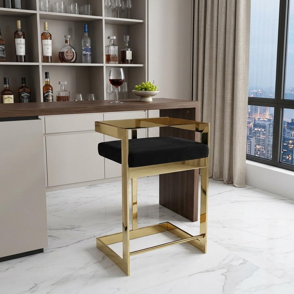 30" Black And Gold Velvet And Steel Low Back Bar Height Bar Chair HomeRoots
