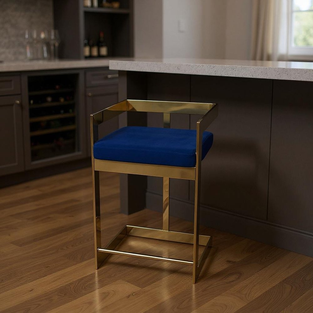 30" Blue And Gold Velvet And Metal Low Back Bar Height Bar Chair HomeRoots