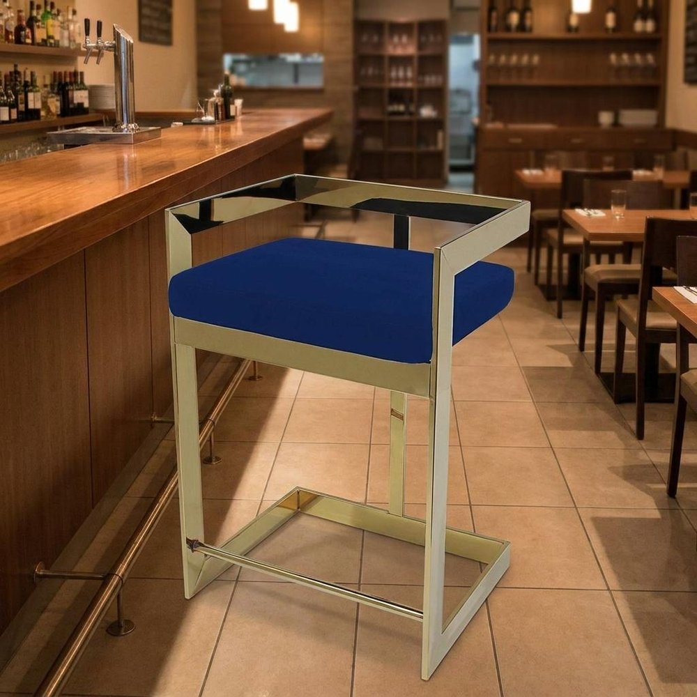 30" Blue And Gold Velvet And Metal Low Back Bar Height Bar Chair HomeRoots