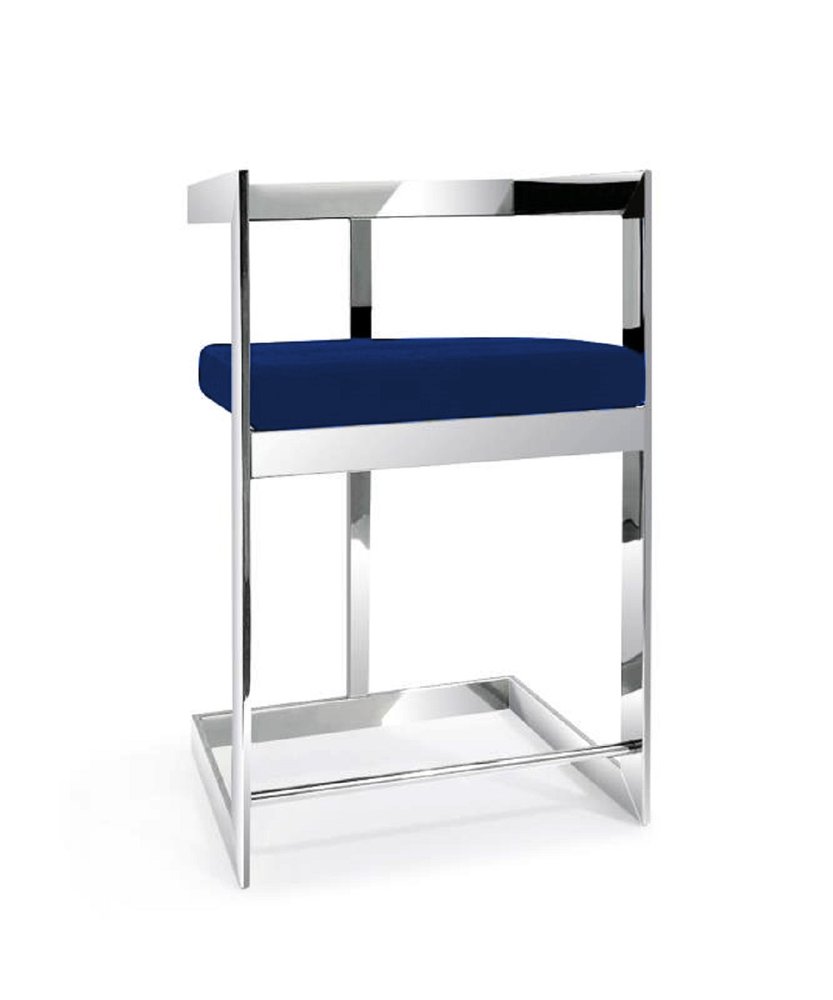 30" Blue And Silver Velvet And Metal Low Back Bar Height Bar Chair HomeRoots