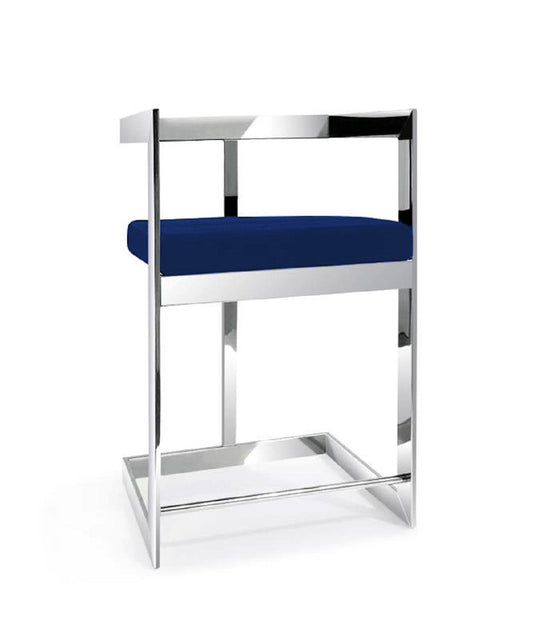 30" Blue And Silver Velvet And Metal Low Back Bar Height Bar Chair HomeRoots
