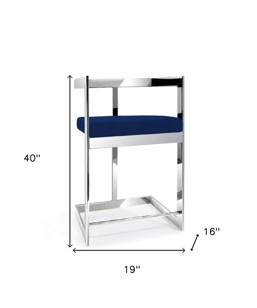 30" Blue And Silver Velvet And Metal Low Back Bar Height Bar Chair HomeRoots
