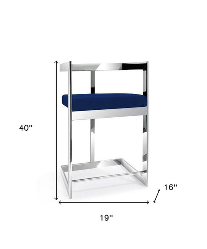30" Blue And Silver Velvet And Metal Low Back Bar Height Bar Chair HomeRoots