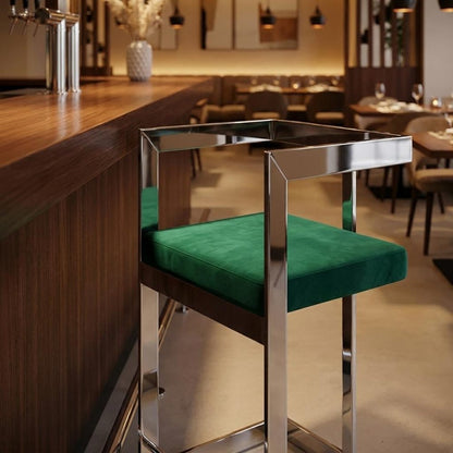 30" Green And Silver Velvet And Metal Low Back Bar Height Bar Chair HomeRoots