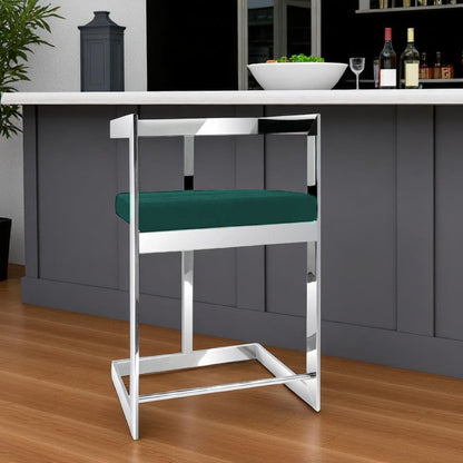 30" Green And Silver Velvet And Metal Low Back Bar Height Bar Chair HomeRoots