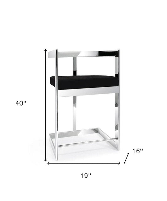 30" Black And Silver Velvet And Steel Low Back Bar Height Bar Chair HomeRoots