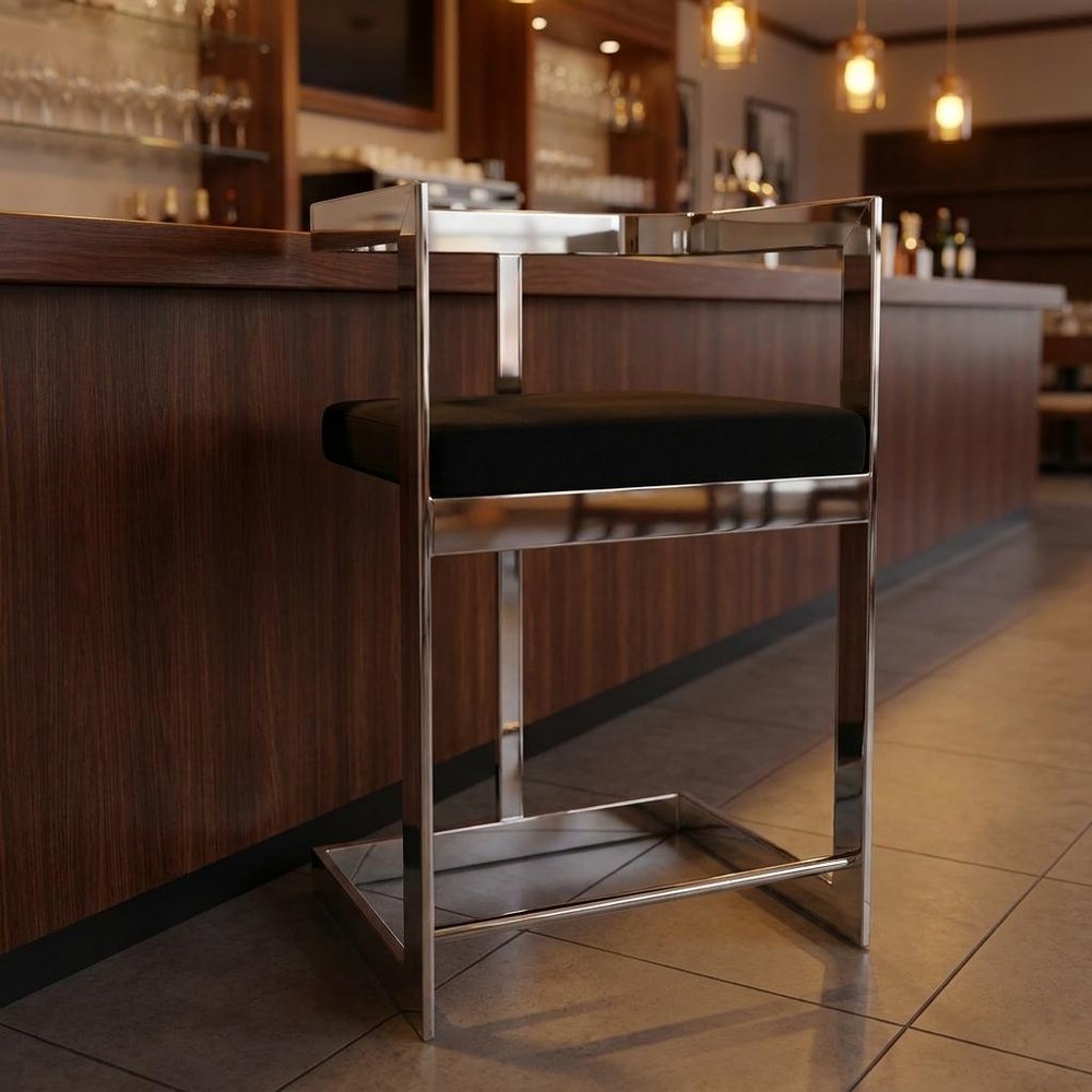 30" Black And Silver Velvet And Steel Low Back Bar Height Bar Chair — view 6