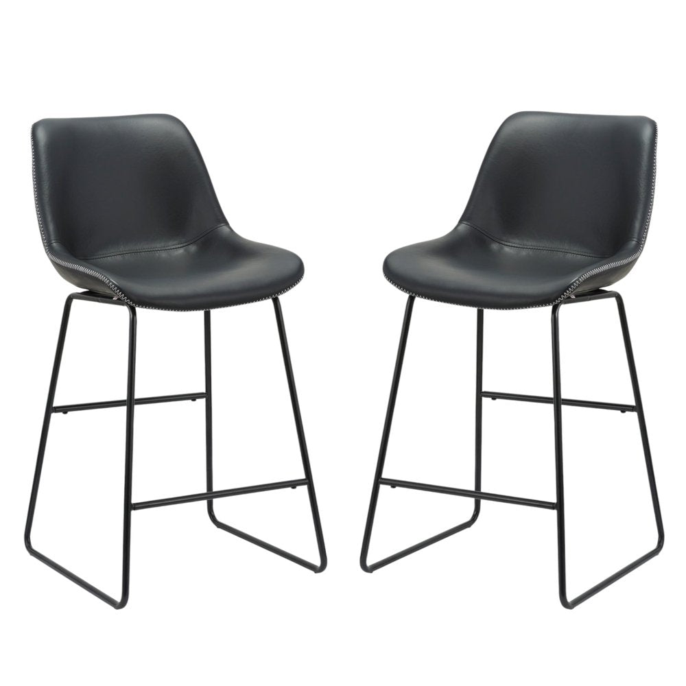 Set of Two Black Faux Leather And Metal Low Back Counter Height Bar Chairs HomeRoots