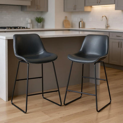 Set of Two Black Faux Leather And Metal Low Back Counter Height Bar Chairs HomeRoots