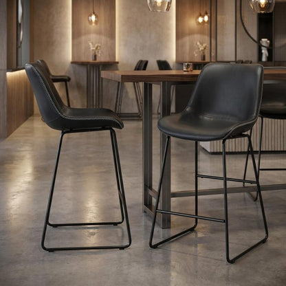 Set of Two Black Faux Leather And Metal Low Back Counter Height Bar Chairs HomeRoots
