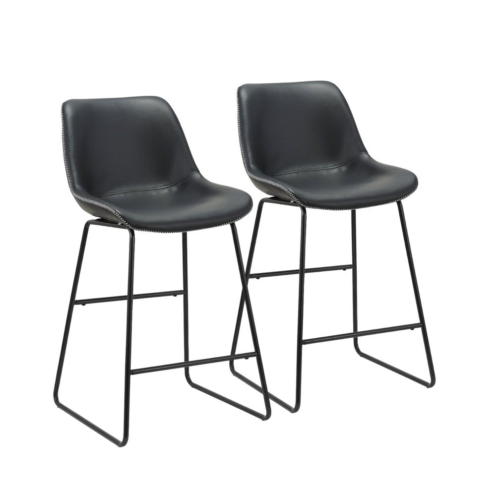 Set of Two Black Faux Leather And Metal Low Back Counter Height Bar Chairs HomeRoots