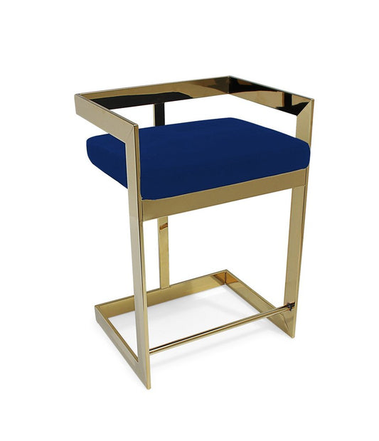 26" Blue And Gold Velvet And Metal Low Back Counter Height Bar Chair HomeRoots