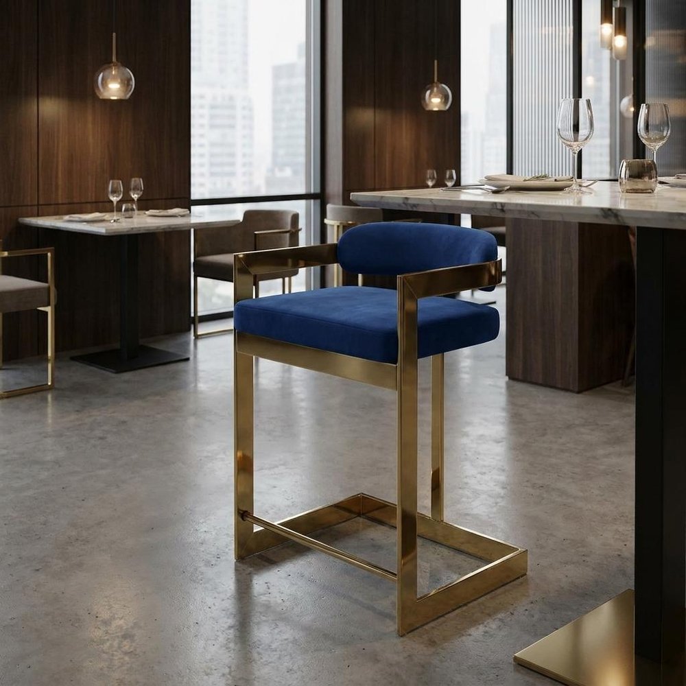 26" Blue And Gold Velvet And Metal Low Back Counter Height Bar Chair — view 7