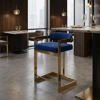 26" Blue And Gold Velvet And Metal Low Back Counter Height Bar Chair HomeRoots