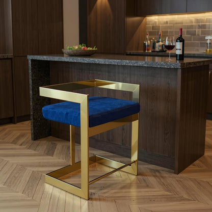 26" Blue And Gold Velvet And Metal Low Back Counter Height Bar Chair HomeRoots