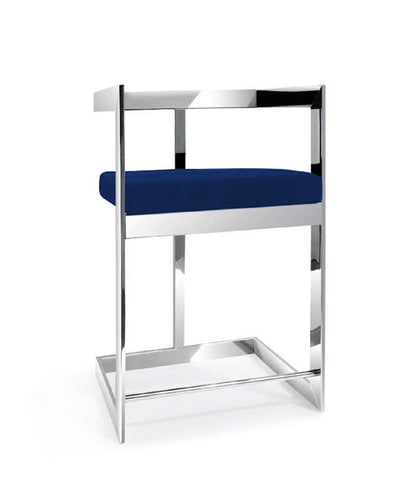 26" Blue And Silver Velvet And Metal Low Back Counter Height Bar Chair HomeRoots