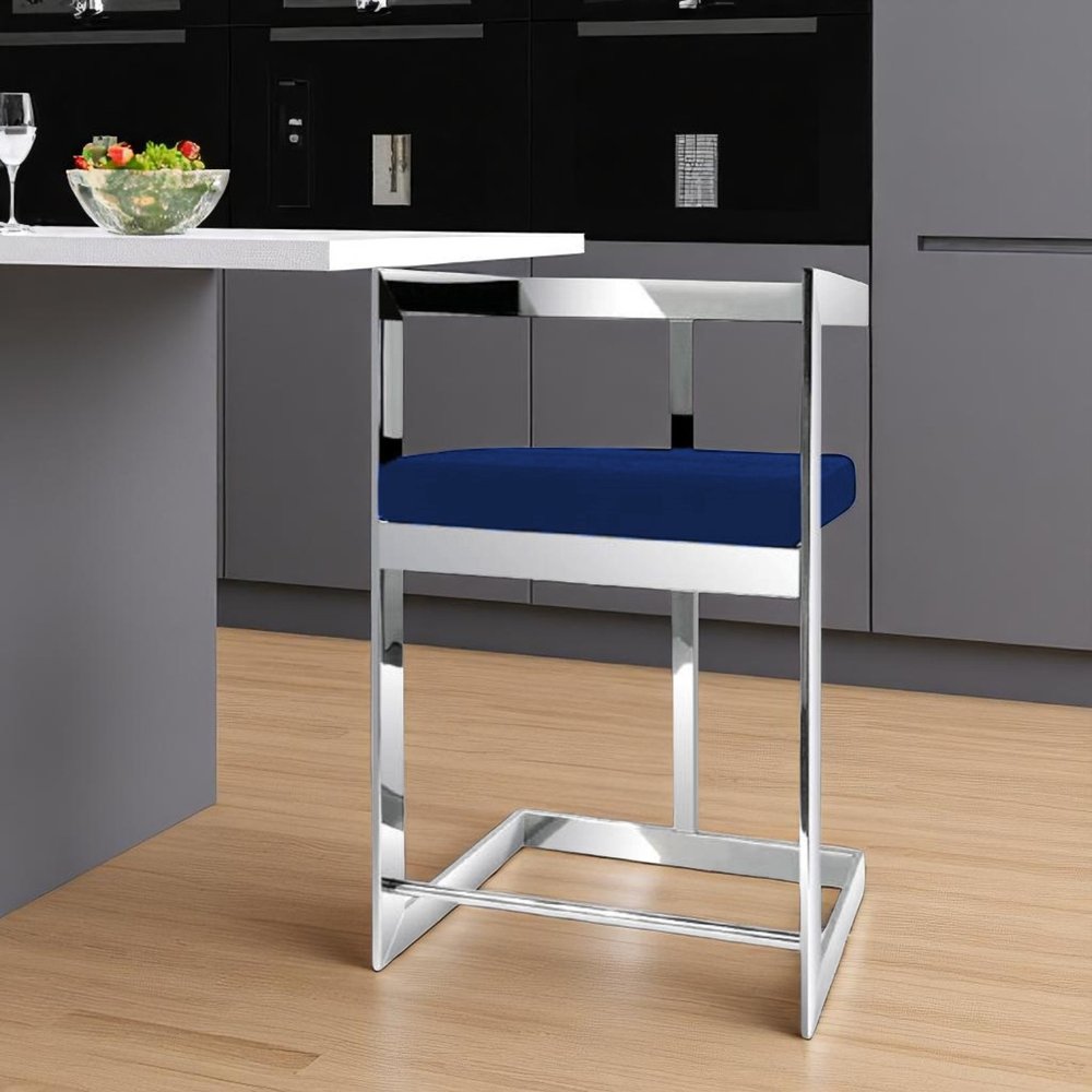 26" Blue And Silver Velvet And Metal Low Back Counter Height Bar Chair HomeRoots
