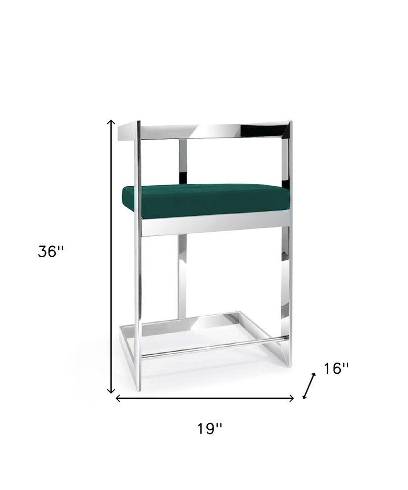 26" Green And Silver Velvet And Steel Low Back Counter Height Bar Chair HomeRoots