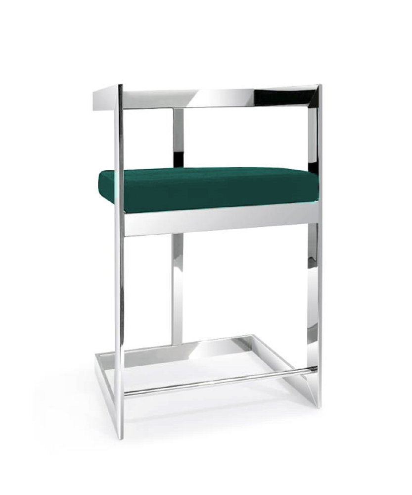 26" Green And Silver Velvet And Steel Low Back Counter Height Bar Chair HomeRoots