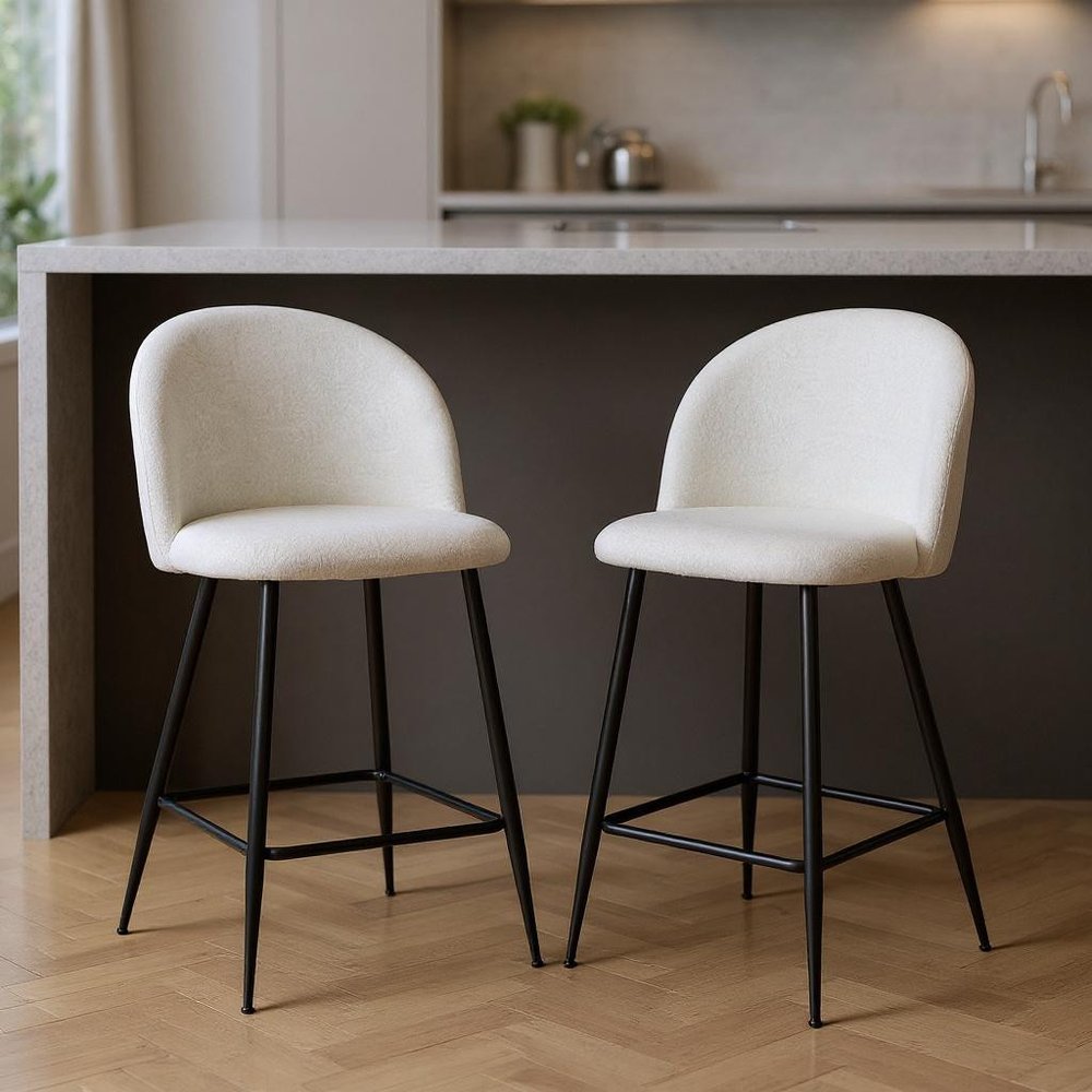 Set of Two 26" White And Black Fabric And Metal Low Back Counter Height Bar Chairs HomeRoots