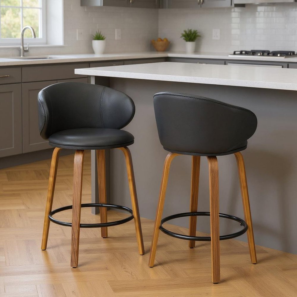 Set of Two 26" Black And Brown Faux Leather And Solid Wood Low Back Counter Height Bar Chairs HomeRoots