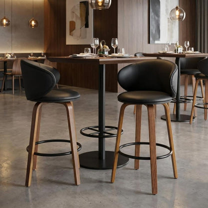 Set of Two 26" Black And Brown Faux Leather And Solid Wood Low Back Counter Height Bar Chairs HomeRoots