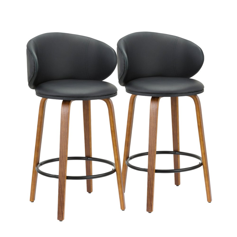 Set of Two 26" Black And Brown Faux Leather And Solid Wood Low Back Counter Height Bar Chairs HomeRoots