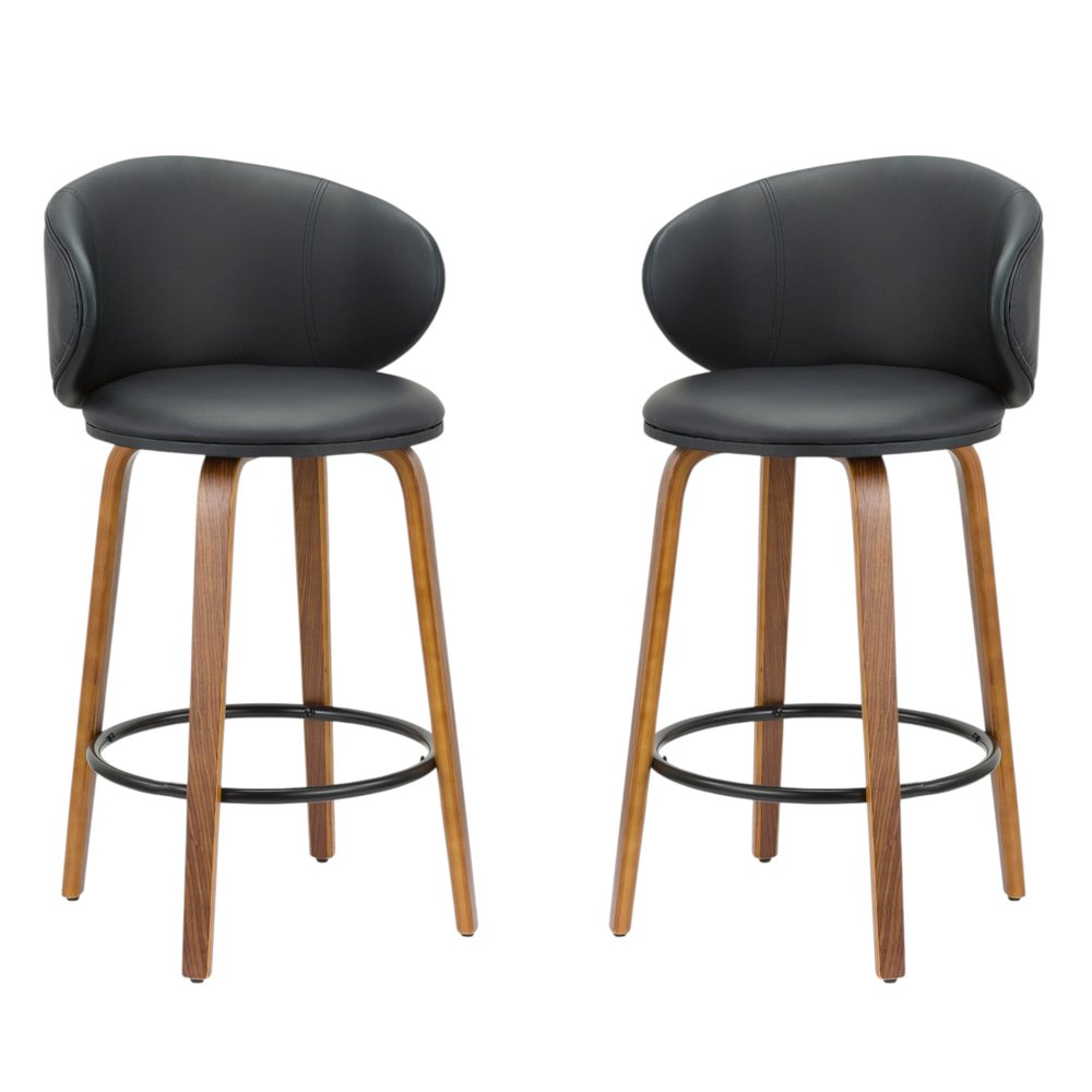 Set of Two 26" Black And Brown Faux Leather And Solid Wood Low Back Counter Height Bar Chairs HomeRoots