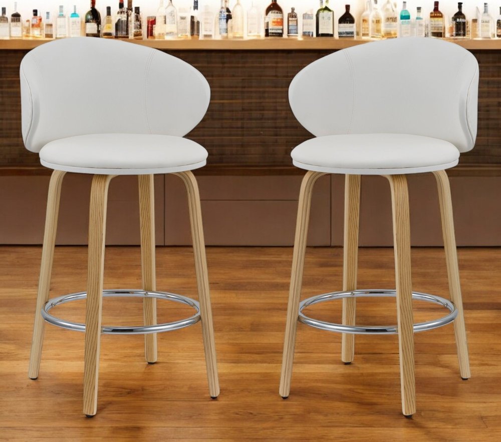 Set of Two 26" White And Brown Faux Leather And Solid Wood Low Back Counter Height Bar Chairs HomeRoots