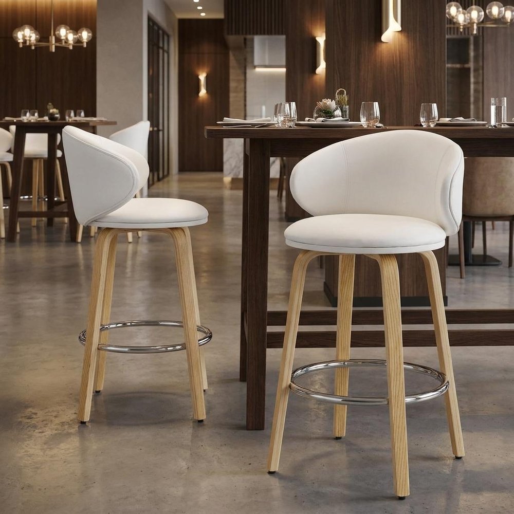 Set of Two 26" White And Brown Faux Leather And Solid Wood Low Back Counter Height Bar Chairs HomeRoots