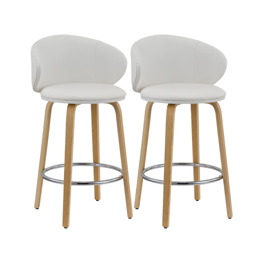 Set of Two 26" White And Brown Faux Leather And Solid Wood Low Back Counter Height Bar Chairs HomeRoots