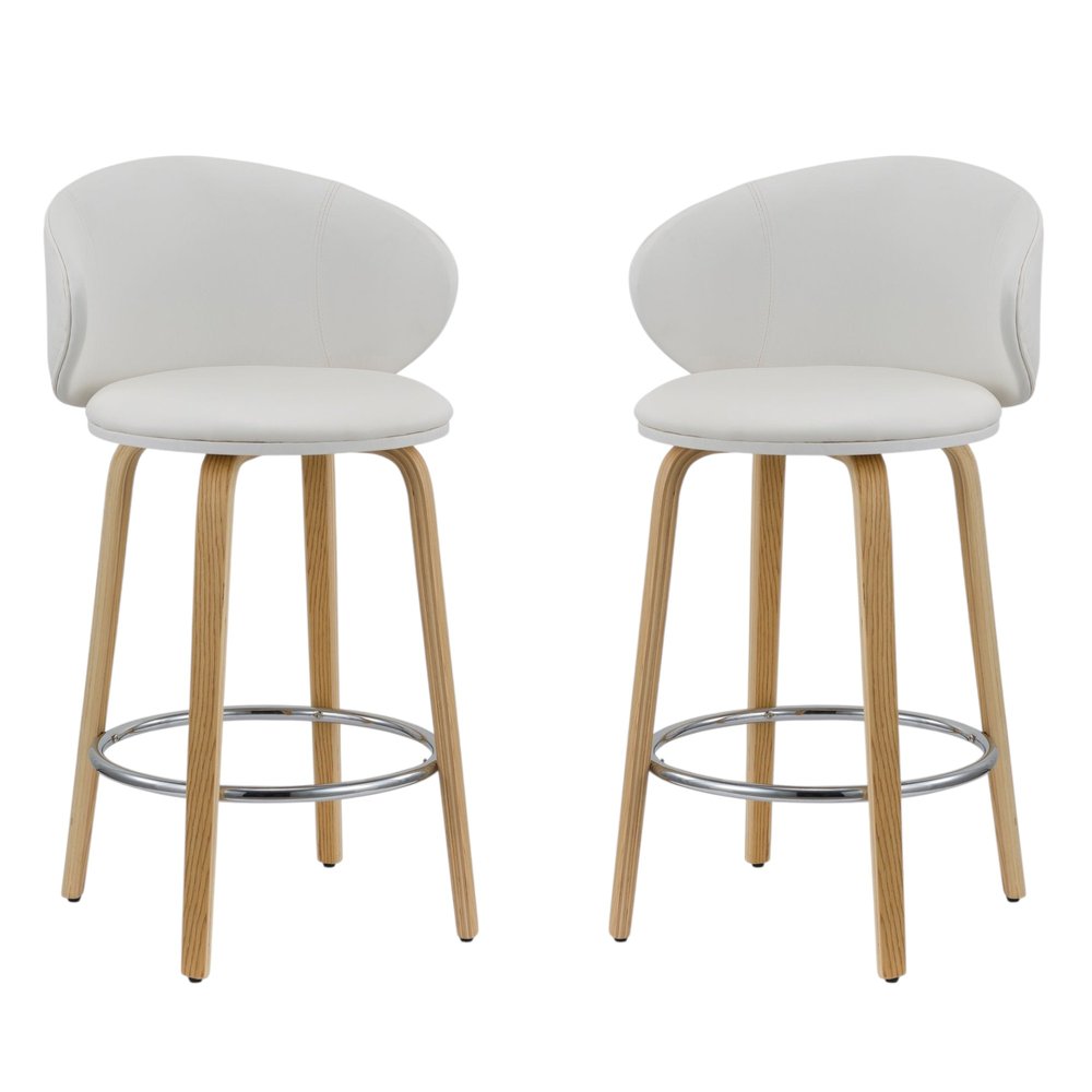 Set of Two 26" White And Brown Faux Leather And Solid Wood Low Back Counter Height Bar Chairs HomeRoots