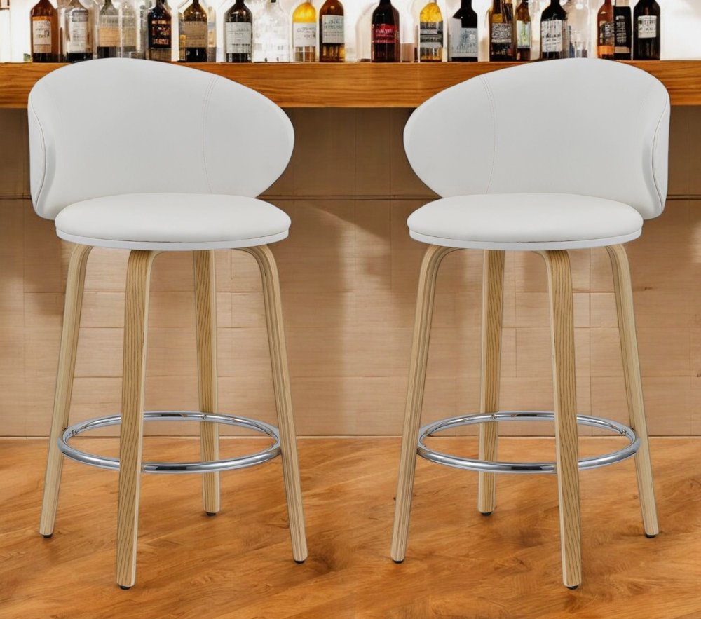Set of Two 26" White And Brown Faux Leather And Solid Wood Low Back Counter Height Bar Chairs HomeRoots