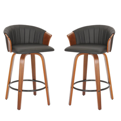 Set of Two 26" Black And Brown Faux Leather And Solid Wood Low Back Counter Height Bar Chairs HomeRoots
