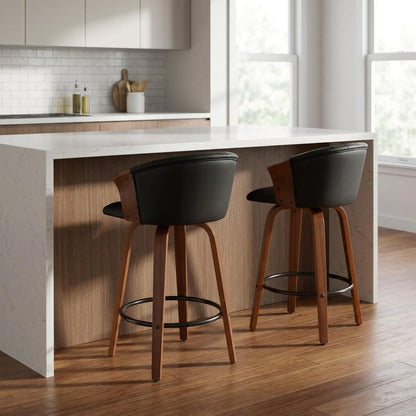 Set of Two 26" Black And Brown Faux Leather And Solid Wood Low Back Counter Height Bar Chairs HomeRoots