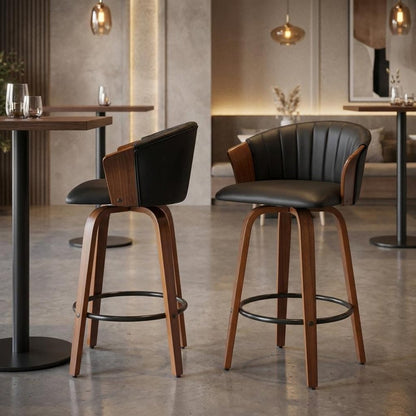 Set of Two 26" Black And Brown Faux Leather And Solid Wood Low Back Counter Height Bar Chairs HomeRoots