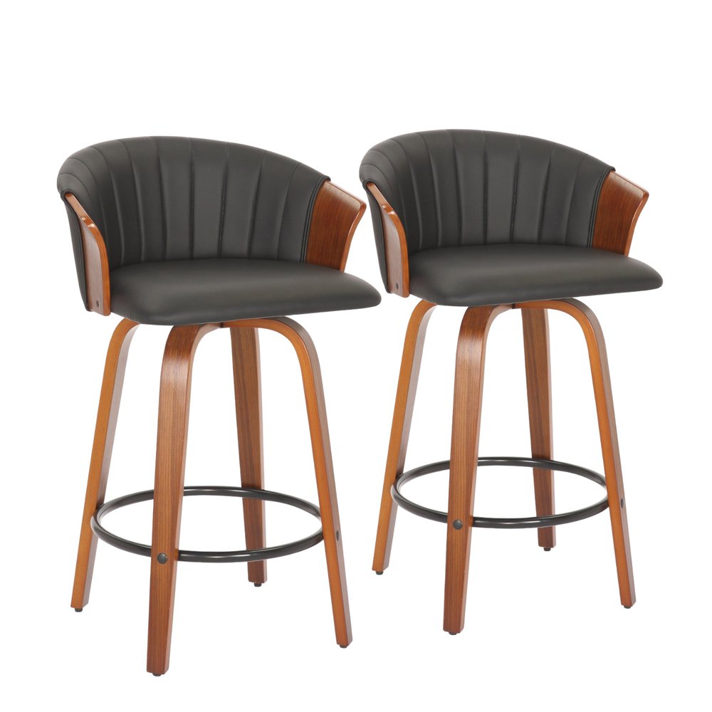 Set of Two 26" Black And Brown Faux Leather And Solid Wood Low Back Counter Height Bar Chairs HomeRoots
