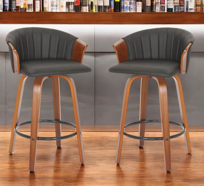 Set of Two 26" Black and Brown Faux Leather and Solid Wood Low Back Counter Height Bar Chairs HomeRoots
