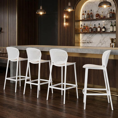 Set of Four 30" White Heavy Duty Plastic Low Back Bar Height Bar Chairs HomeRoots