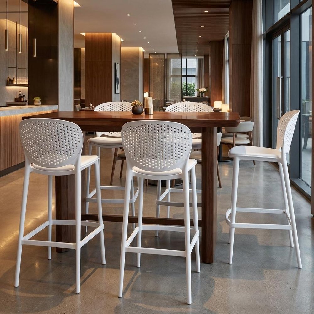 Set of Four 26" White Heavy Duty Plastic Low Back Counter Height Bar Chairs HomeRoots