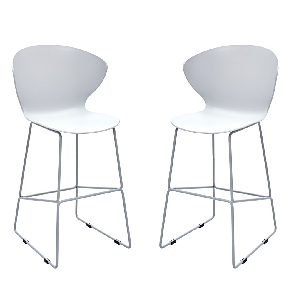 Set of Two 26" White And Silver Heavy Duty Plastic And Metal Low Back Counter Height Bar Chairs HomeRoots