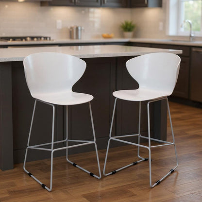 Set of Two 26" White And Silver Heavy Duty Plastic And Metal Low Back Counter Height Bar Chairs HomeRoots