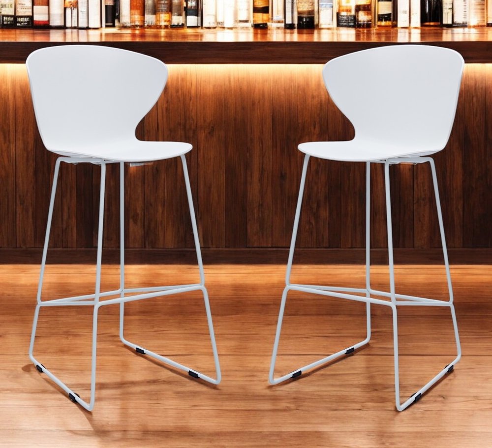 Set of Two 30" White And Silver Heavy Duty Plastic And Metal Low Back Bar Height Bar Chairs HomeRoots
