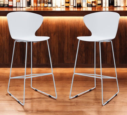 Set of Two 30" White And Silver Heavy Duty Plastic And Metal Low Back Bar Height Bar Chairs HomeRoots