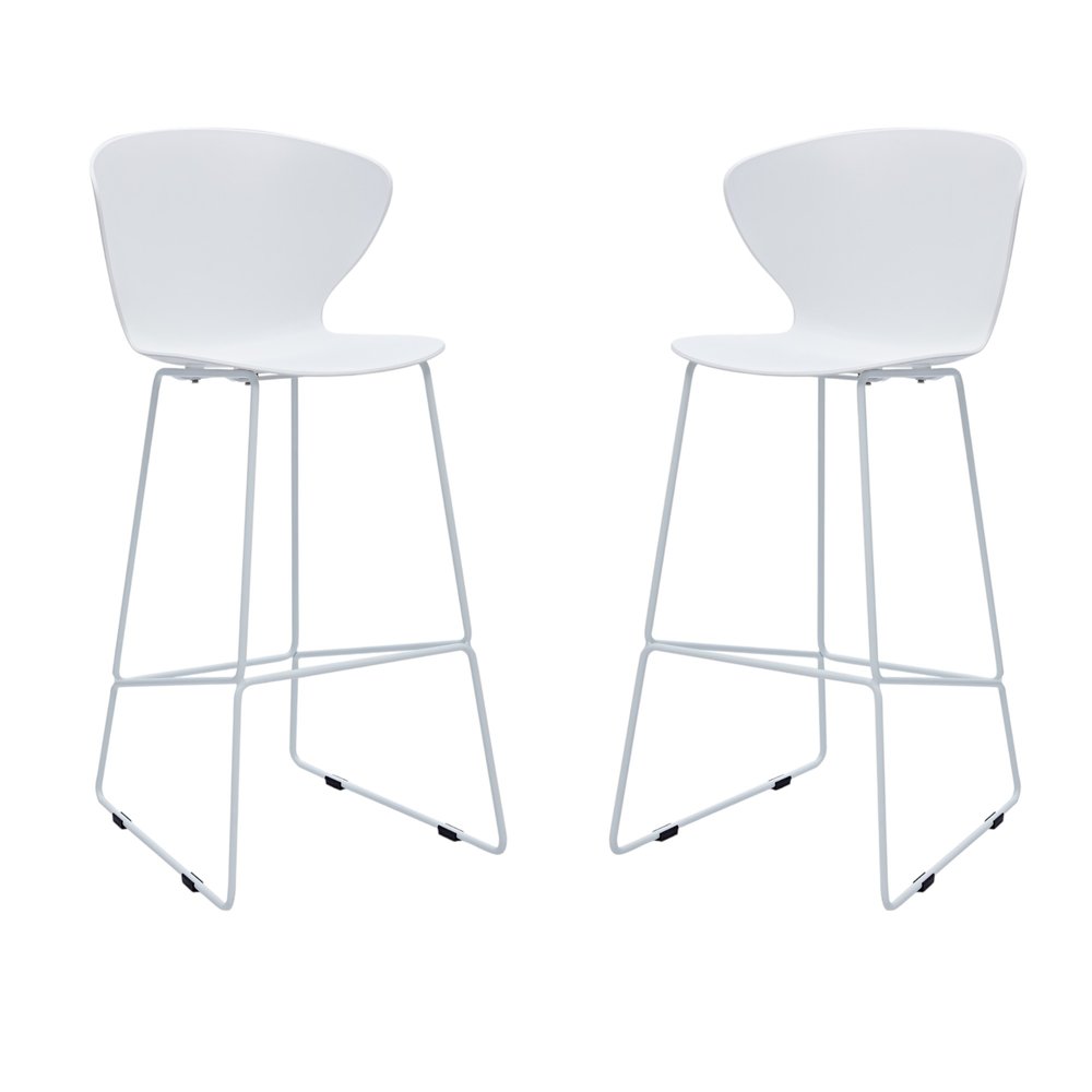 Set of Two 30" White And Silver Heavy Duty Plastic And Metal Low Back Bar Height Bar Chairs HomeRoots