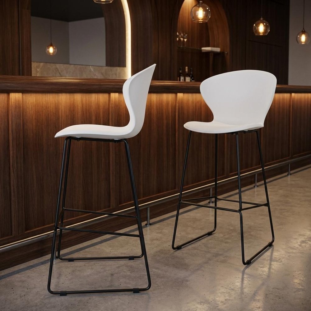 Set of Two 30" White And Silver Heavy Duty Plastic And Metal Low Back Bar Height Bar Chairs HomeRoots