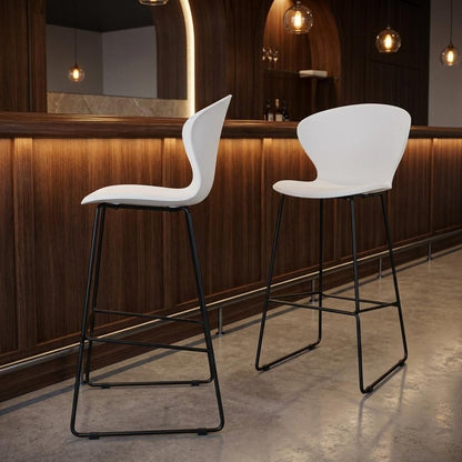 Set of Two 30" White And Silver Heavy Duty Plastic And Metal Low Back Bar Height Bar Chairs HomeRoots