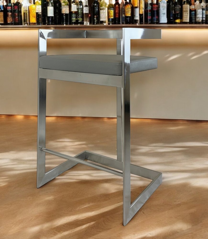 26" Gray And Silver Faux Leather And Metal Low Back Counter Height Bar Chair HomeRoots